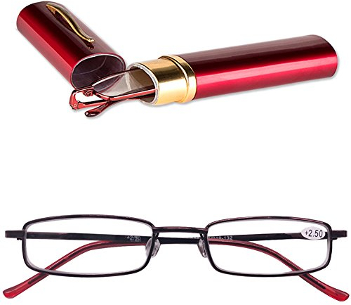 KOOSUFA Lesebrillen Herren Damen Tragbar Brillenhülle Metall Klassische Scharnier Schmal Leichte Stil Stärken lesebrille mit Etui Taschenclip Brillenetui (Rot, 1.0)