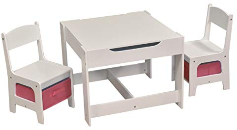 Liberty House Toys Wooden Table and Chair Set Bins, MDF, White, Pink, 48cm H W x 60cm D
