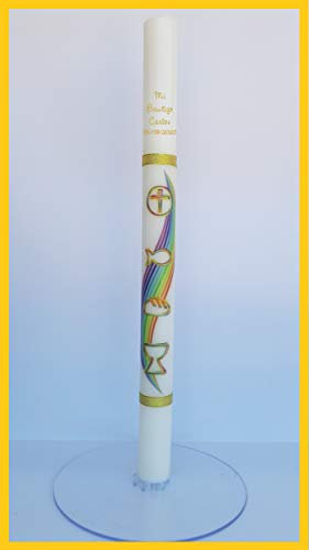Vela/Cirio para bautizo de cera blanca decorada con dibujos de ceremonia y rematada con cintas doradas de tela metalizada. Medida 3x40cm. Color Multi (PERSONALIZADA)