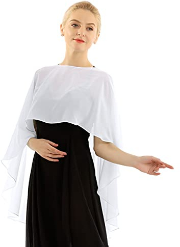 TiaoBug Damen Chiffon Stola Schal Poncho Vorne Kurz Hintern Lang Umhang Cape asymmetrisches Oberteil über festliche Kleider Brautkleid Accessoire Weiß Einheitsgröße