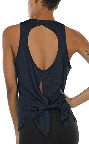 icyzone Damen Sport Top Yoga Fitness Shirt Rückenfrei Oberteil Atmungsaktive Laufshirt (M, Navy)