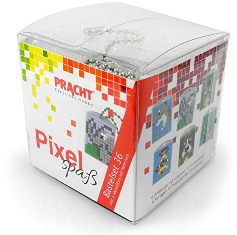 Pixel P90074-63501 Spaß Bastelset 36, zur Gestaltung von 6 Schlüsselanhängern für Kinder, kinderleichtes Stecksystem, ohne Bügeln und Kleben, Steinchen aus Biokunststoff