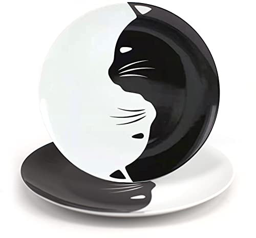 LEADEX Black and White Cat Porcelain Plate Set, Best Gift For Cat Lover (10.5-inch dinner plate set)