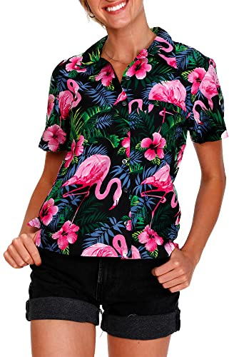 King Kameha Hawaii-Bluse-Hemd Damen Kurzarm Front-Tasche Stylish Funky Flamingos Floral