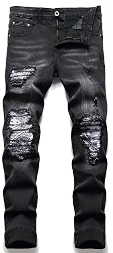 OIIIO Men's Patch Ripped Stretch Regular Fit Jean, Black White-6608, 30