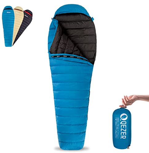 QEZER Ultralight Down Sleeping Bag for Adults 45-68 Degree F with 600 Fill Power, Compact Summer Sleeping Bag for Backpacking, Hiking and Camping