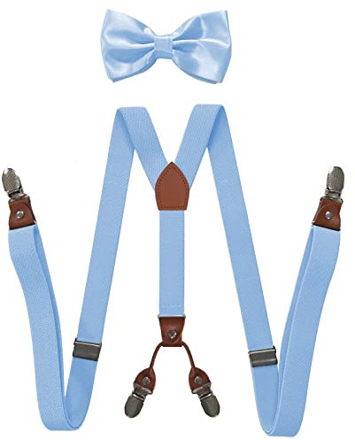 WEJUN Herren Hosenträger 2,5 X 115 cm, Erwachsene, 4 Clip-Träger, Unisex, Elastisch, X-Typ, Breite Hosenträger, Herren-Fliege, Set Für Herren-Jockstrap, Hellblau