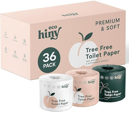 ecoHiny Premium & weiches Bambus-Toilettenpapier, 36 Mega-Rollen, 3-lagig & 350 Blatt, FSC-zertifiziert, PFAS-frei, BPA-frei, septisch sicher, baumfreie Toilettenpapier, plastikfreie Verpackung
