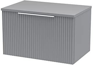 Hudson Reed DFF294W Fluted Modern Bathroom Wall Hung 1 Drawer Vanity Unit with Colour Match Worktop, 600mm, Satin Grey
