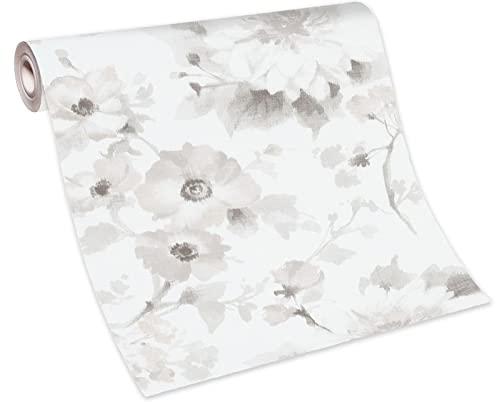 BRICOFLOR Blumen Tapete im Landhausstil für Wohnzimmer und Esszimmer | Vintage Blumentapete weiß grau | Romantische Vliestapete mit Blumen in Aquarell Optik