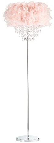 Happy Homewares Modern and Chic Real Pink Feather Chandelier Style Floor Lamp with Waterfall Clear Acrylic Droplets | Chrome Metal Base and Stem | 60w Max E27 Bulb
