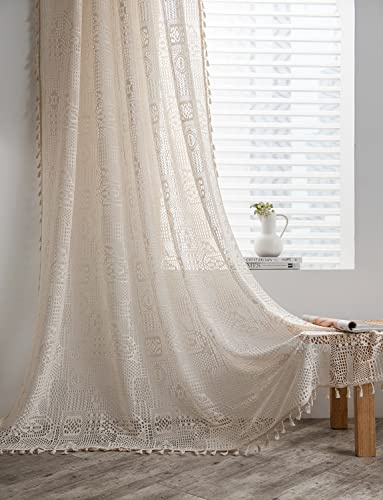 SASIGAYA Gardinen Landhausstil Vintage Durchbrochene Vorhang Boho Beige Vorhänge Quasten Durchscheinende Vorhang Häkeln Stricken Gardinen 240 cm Hoch für Küche Schlafzimmer Wohnzimmer Balkon 2 Stück