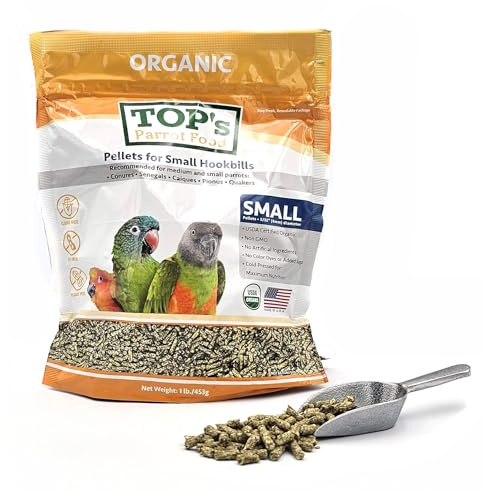 TOP's Parrot Food Bird Pellets for Small Hookbills - Non-GMO, Peanut Soy & Corn Free, USDA Organic Certified (1lb)