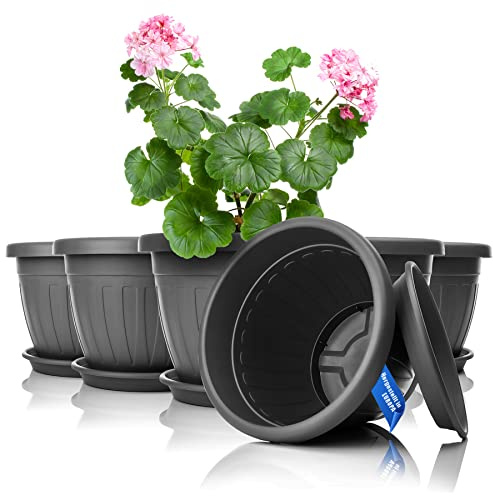 BigDean 6X Blumentopf mit Untersetzer rund ø28xH20 cm anthrazit | Wetterfester Pflanzkübel - Wasserablauf UV-beständig aus bruchsicherem Kunststoff - Innen + Außen geeignet - Made in Europe