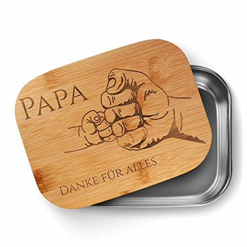 CHRISCK design Gravierte Brotdose als personalisiertes Geschenk für Papa zum Geburtstag - Geburtstagsgeschenk personalisiert für Väter - Edelstahl Brotdose mit Holzdeckel und Gravur