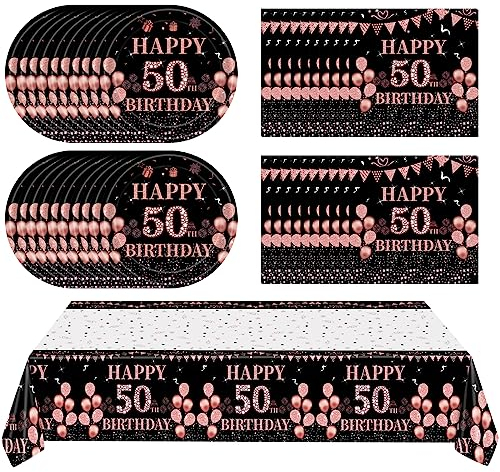 41Pcs 50th Birthday Decorations for Women, Vintage 50 Birthday Black and Rose Gold Disposable Paper Plates and Napkins Party Supplies for 20 Guests, 41Pcs Include 7 Plates Napkins and Tablecloth