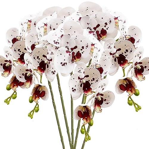HinyoCo 5 Pz Fiori Orchidea Finta Ramo Artificiali Phalaenopsis Fiori Orchidea per Casa Decorazione (Bianco con macchie)
