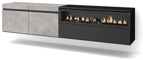 Skraut Home | TV-Schrank, Lowboard | für Wohnzimmer und Esszimmer | 200x45x35cm | Für TV-Geräte bis zu 80 | Elektrokamin. Maße | Hängend | Moderner Stil | Zement