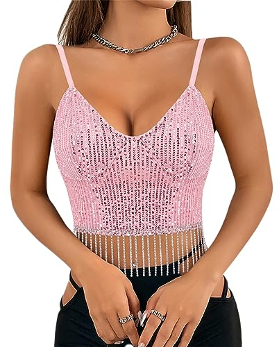 Naimo Damen Glitzer Pailletten Crop Top mit Quaste Ärmellos V-Ausschnitt Spaghettiträger Tank Tops Weste Cami Strass Fransen Oberteile