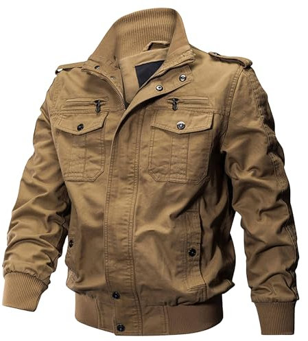 ZDJSWJ Hommes Casual coupe-vent veste cargo militaire Multi-poches col montant bomber workwear (Couleur Kaki,M)