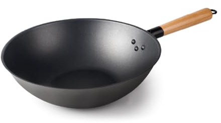 LACOR - 66128 - Wok Rustic, Wok Hierro 100% Natural con Antiadherente Tri-Capa, Libre de PFOA, Mango Ergonómico, Apto para Todo Tipo de Cocinas, Alta Conductividad Térmica, Ø28 cm, Espesor 0.9 mm