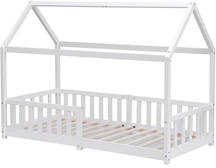 Kingwudo® White and Natural Pine Wood Bed Frame Kids Bed Scandinavian House Style for Girls or Boys Standard Single Bed Frame for Bedroom Furniture, Mattress (WITHOUT) 90x190 cm (White)