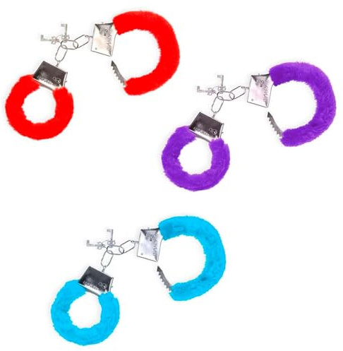AC - Pack de 3 pares de esposas con pelo – Fabricado en metal - Incluyen llaves y botón de seguridad, complemento, disfraces, carnaval, Halloween (Color Surtido)