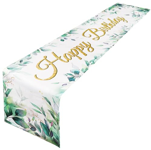 BETESSIN Tischläufer Geburtstag - Happy Birthday Tischläufer im Eukalyptus Design - Tischdeko zum Geburtstag für Männer und Frauen - 180x33cm