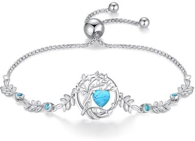 FANCIME Bracelet Arbre de Vie Femme, Argent Sterling 925 Plaqué Or Blanc 14K avec Pierres de Turquoise, Bijou Cadeau Anniversaire, Longueur Réglable