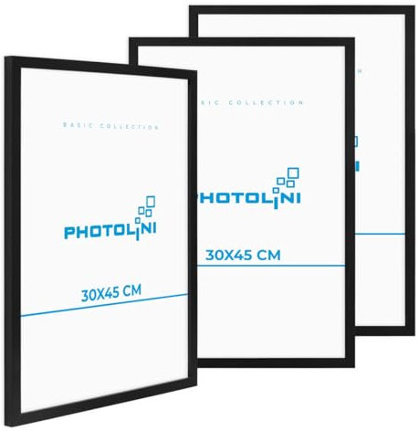 PHOTOLINI Cadre 30 x 45 bois MDF noir, lot de 3 cadres photo pour posters et affiches, verre acrylique incassable, décoration murale à suspendre, avec accessoires supplémentaires