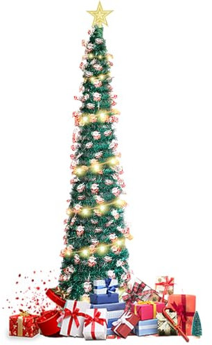 Arbol de Navidad Plegable con Iluminación, 150 cm Arvore de Natal Pop Up con 50 Luces led de Color Blanco cálido, Árbol Lápiz, Estrella y Soporte Estable,Decoración de Navidad para Interior Exterior