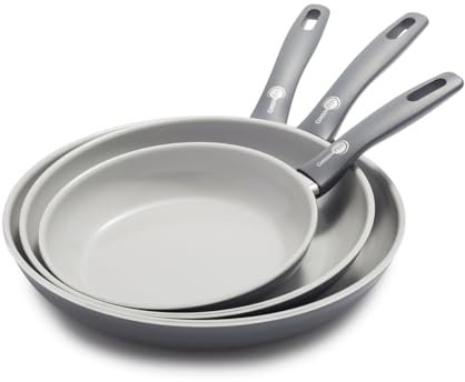 GreenPan Dover - Juego de sartenes antiadherentes de cerámica saludable, 8, 10 y 12 pulgadas, sin PFAS, aptas para lavavajillas, mango de agarre cómodo, color gris