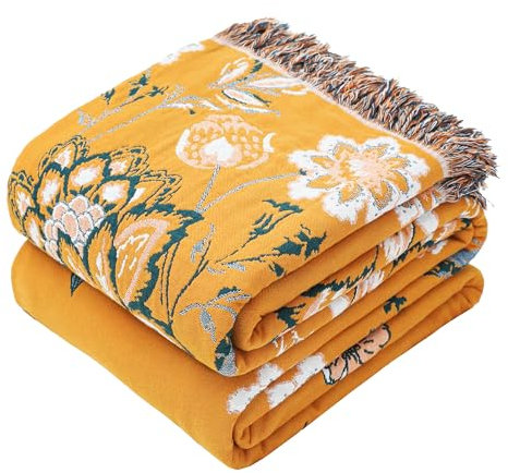 VANJOROY Bohemian Sofaüberwurf, groß, 100 % Bio-Baumwolle, weich, doppelseitig, Boho-Überwurf für 2-, 3-Sitzer, Sessel, Couch und Tagesdecke, 150 x 200 cm, Gelb