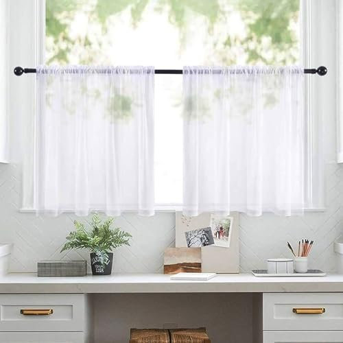 Sheer Linen Texturé Rideau Chambre, Rideau Semi Transparent Voilage Tringle, Rideaux Sheer Lin Texturé White Rideaux pour Petites Fenêtres, Cuisine, Salon, Maison de Campagne, 45 x 60 cm