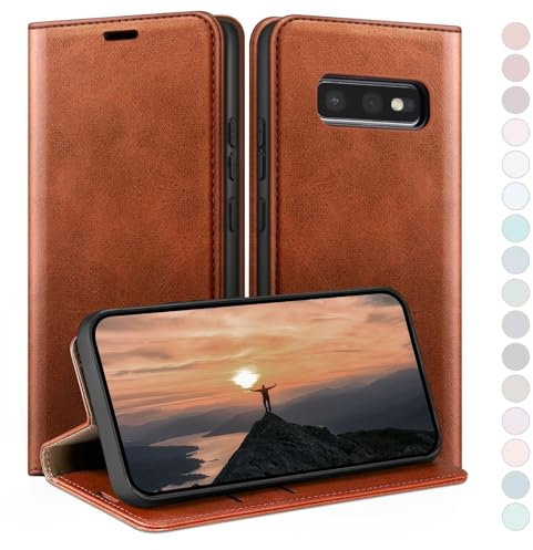 HUOUH für Samsung Galaxy S10E Hülle mit RFID Schutzhülle aus Lederhülle Handyhülle,Kartenfach Leder ständer Handy hülle,360 Grad Schutz Cover für Samsung S10E Klapphülle Wallet Case Hellbraun