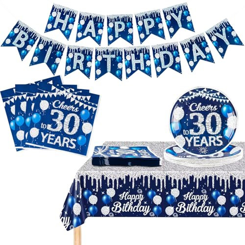 Yiran Cheers to 30th Years Party Tableware Decorations,Tableware Includes Navy Blue Silver Banner Napkins Paper Plates Table Cloth Cover for Men,Women,Him,Her 30th Birthday Party Celebration Supplies