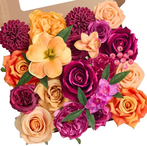 Alecono Künstliche Blumen, Hot Pink und Orange Seide Fake Blumen für DIY Hochzeit Brautsträuße, Hochzeitstorte Blumen für Tischdekoration, Party, Heimdekorationen