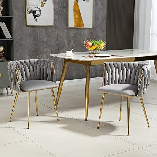 LIFEISLE Samt Stuhl, Esszimmerstuhl 2er Set mit Goldenen Metallbeinen, Schalenstuhl mit handgewebten Armlehne für Esszimmer, Wohnzimmer und Schlafzimmer Grau