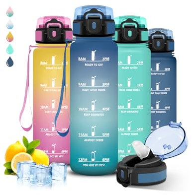 Gourde 1l, Gourde Sport, Anti Fuite, Gourde Graduée pour 1 Journee, Facile à Nettoyer, Gourde Randonnée, Réutilisable, Gourde Adulte avec Slogan de Motivation, pour Aptitude, Camping, Yoga, Voyages