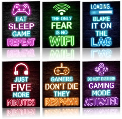Srumvoat 6Pcs Gaming Wall Art, Neon Gaming Room Accessories, Gamer Bedroom Accessories, Boys Wallpaper & Game Room Decor, Unframed 8x10” Posters for Bedroom Boys, Great Birthday Gift for Kids