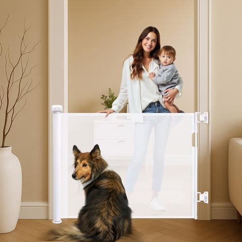 Eyeleaf Retractable Stair Gates For Dogs,Extends up to 59 Wide,34 Tall,One Handed Operation,Baby Gate For Stairs/Doorways/Hallways/Outdoor