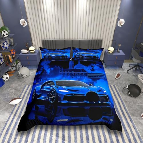 Homemissing Kinder Rennwagen Bettwäsche Set 155x220cm Extreme Sport Spiel Car Bettbezug Auto für Jungen Mädchen Schlafzimmer Dekor Modernes Blau Betten mit Reißverschluss