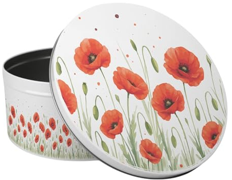 Purely Home Summer Poppies Large Cake Tin - Red & Green Floral Kitchen Bakeware Gifts - Round Metal Storage Container for Baking 23 x 10cm