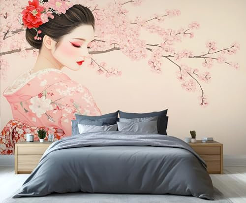 YXQAIED Japanese Wallpaper, Cherry Blossoms Wallpaper for Living Room Japanese Geisha Bedroom Wall Paper, Pink Flowers 3D Photo Murals for Bathroom Hotel Apartments, 100x70cm (Not Peel and Stick)