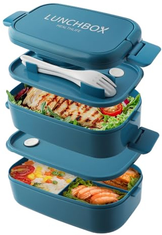 Beeptrum Bento Lunch Box stapelbar, 1400ml Behälter mit 4 Fächern und Besteck, auslaufsichere 2-Schicht-Boxen, für Erwachsene Kinder Büro, Mikrowelle spülmaschinenfest (Reines Blau)
