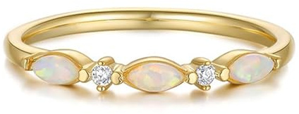 Engagement Ring Gold, Pinky Ring Zierlich Stapelbar mit Bunt Marquiseschliff Opal 14K Gelbgold Größe 62 (19.7)