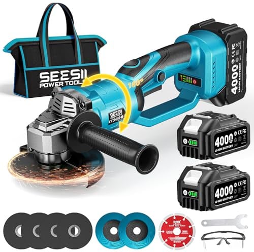 SEESII Cordless Angle Grinder 21V, 115mm Battery Angle Grinder with 180° Handle, Brushless Tool with 2 x 4.0Ah Batteries, for Metal Cutting, Grinding and Tiles Cutting