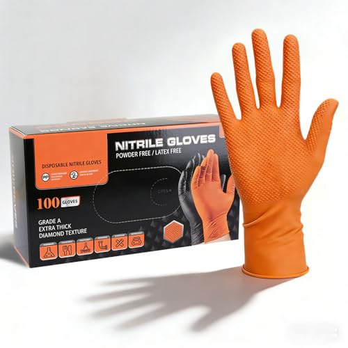 Nitrile Gloves: Disposable Diamond Texture Gloves Powder and Latex Free -10mil Ultra Thick and Strong Rubber Orange (100, L)