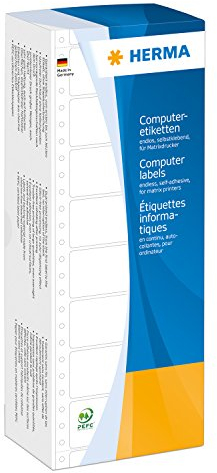 HERMA 8228 Computeretiketten endlos, 38,1 x 10,3 mm, 2-bahnig, 24000 Stück, selbstklebend, Endlosetiketten Aufkleber mit Führungslochrand, matt, blanko Papier Computer Etiketten, weiß