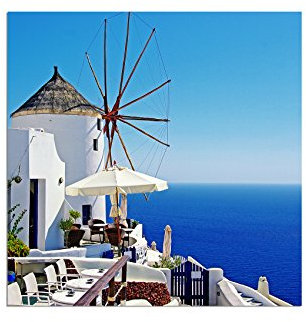 Augenblicke Wandbilder 80x80cm - Fotodruck auf Leinwand und Rahmen Santorini Windmühle Meerblick Restaurant - Leinwandbild auf Keilrahmen modern stilvoll - Bilder und Dekoration